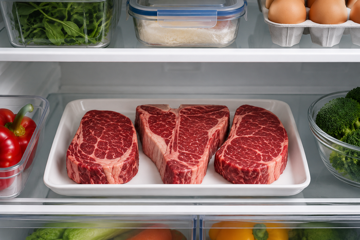 Raw steak stored on a plate in the fridge to keep it fresh