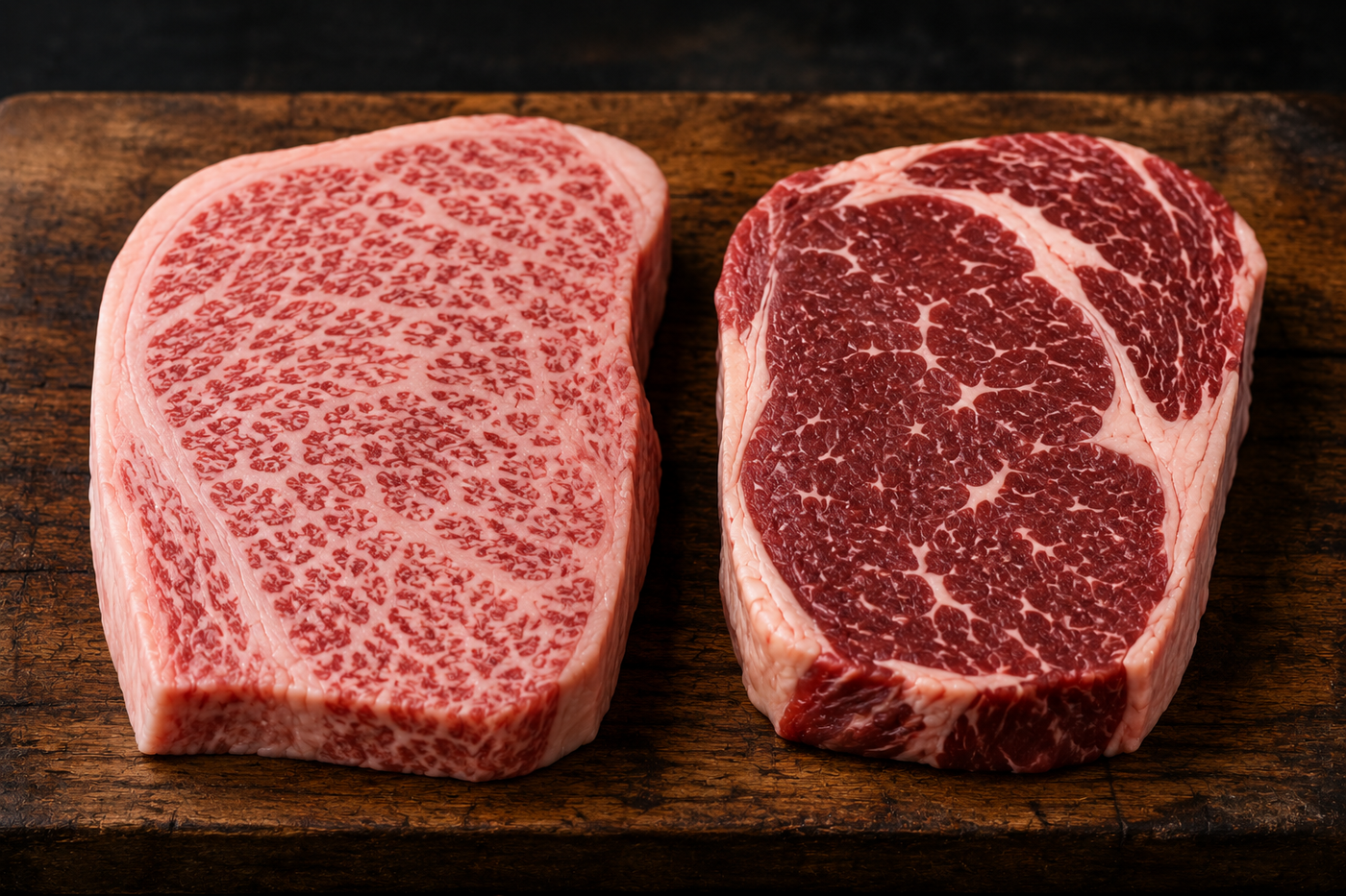 Wagyu and Angus steaks side by side showing the marbling difference