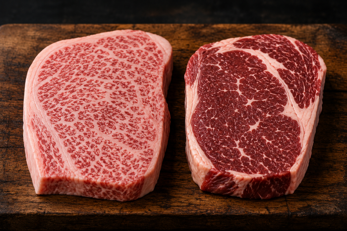 Wagyu and Angus steaks side by side showing the marbling difference