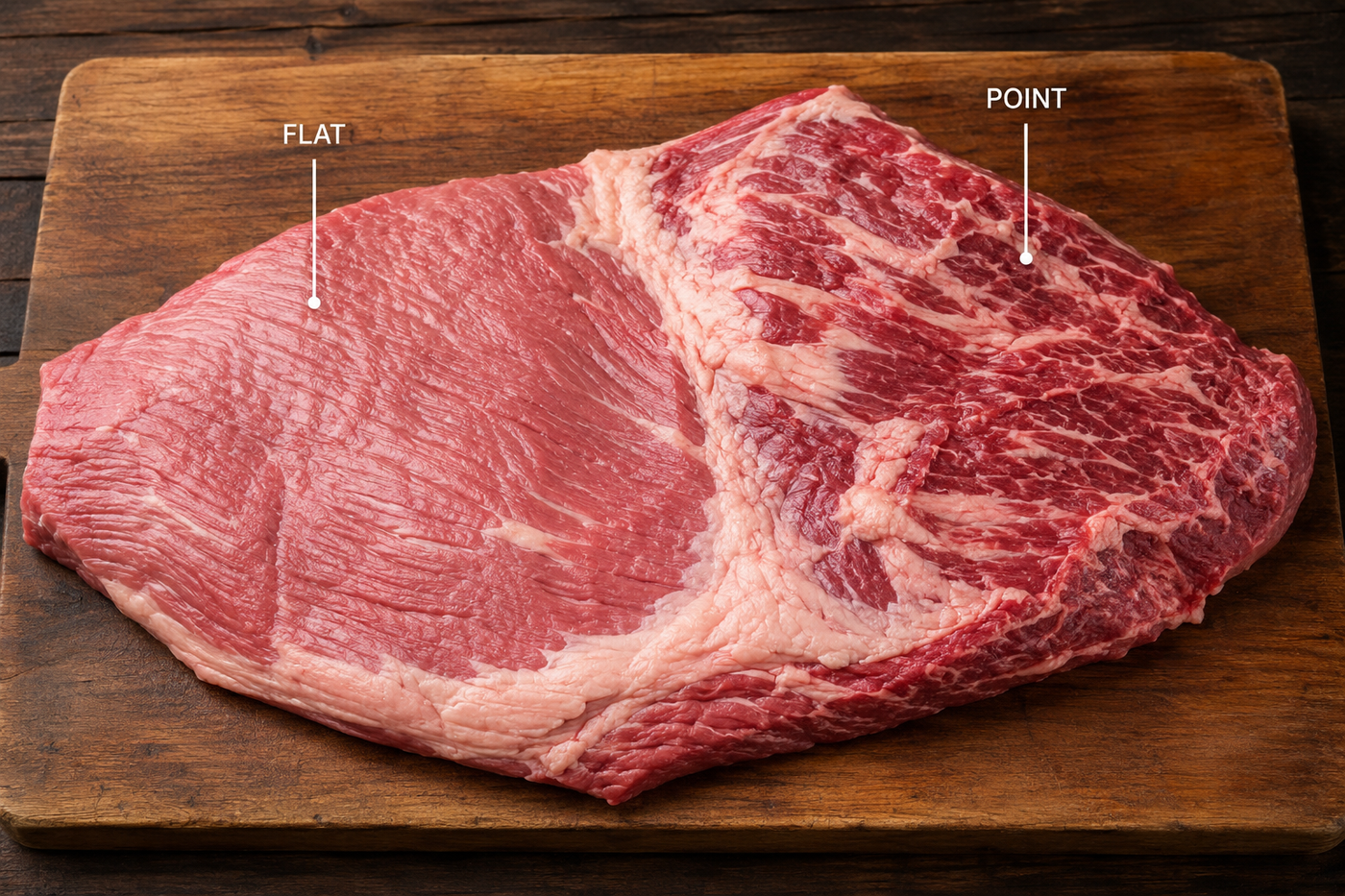 Whole beef brisket showing the point and flat muscles