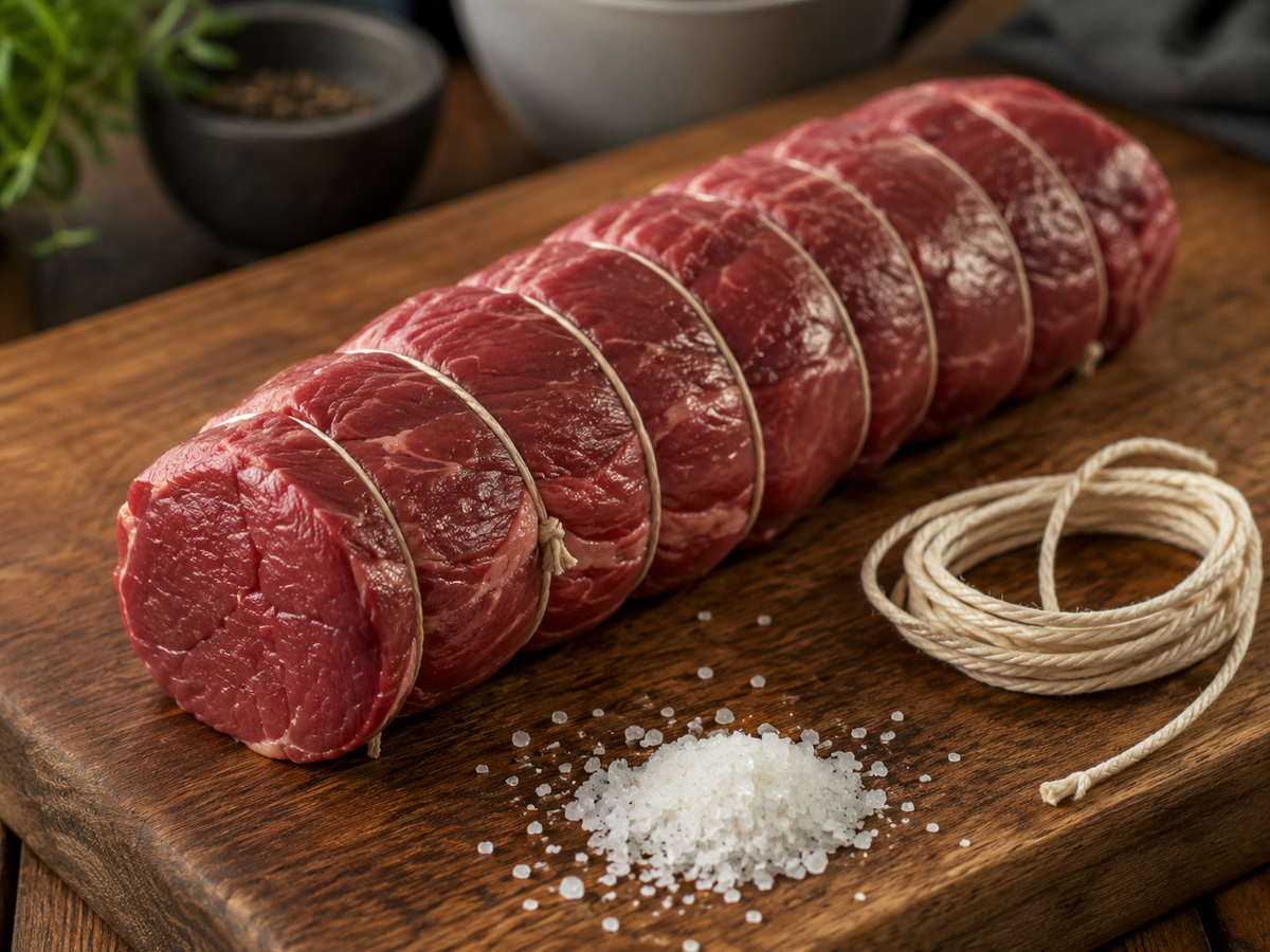 Whole beef eye fillet trimmed and trussed ready for an eye fillet roast