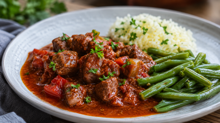 Bowl of slow cooked Hungarian beef goulash with steamed green beans