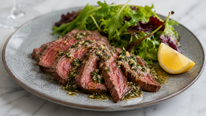 Sliced medium-rare beef rump roast under a warm anchovy and parsley dressing