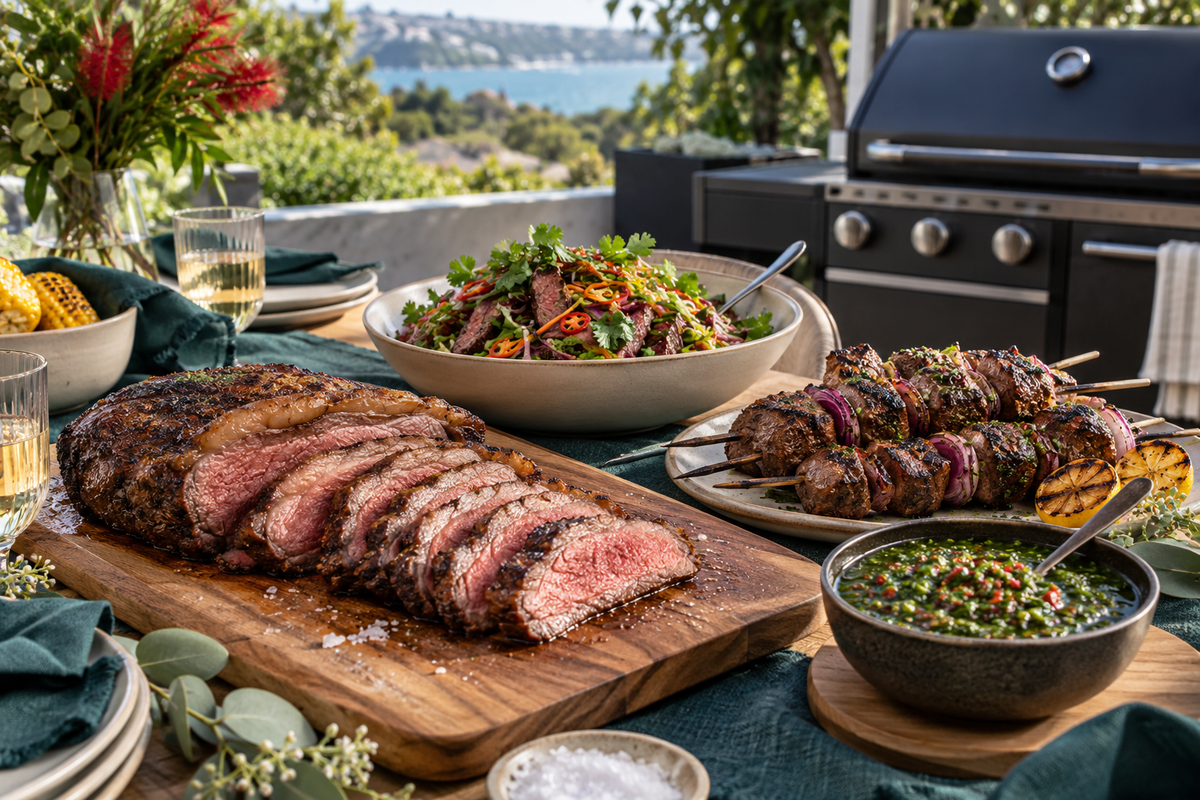 Christmas BBQ ideas spread with sliced picanha, beef skewers, salad and chimichurri