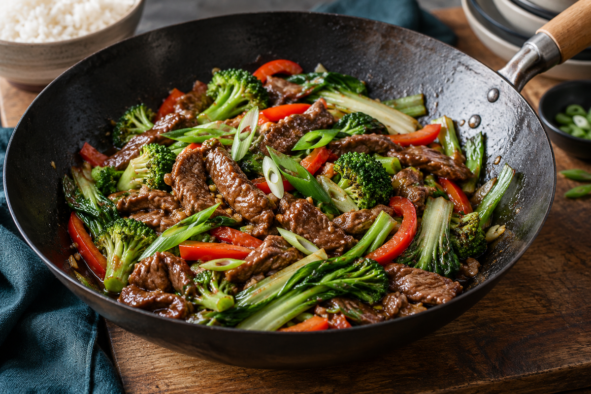 Beef stir fry with tender rump strips, broccoli and capsicum in a wok