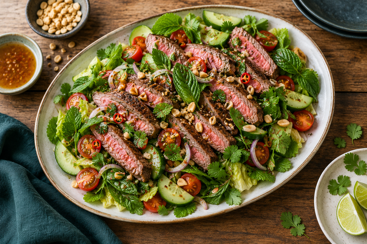 Thai beef salad with sliced seared rump, fresh herbs, cucumber and tomatoes