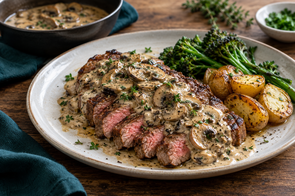 Creamy mushroom sauce spooned over a sliced grass-fed porterhouse steak