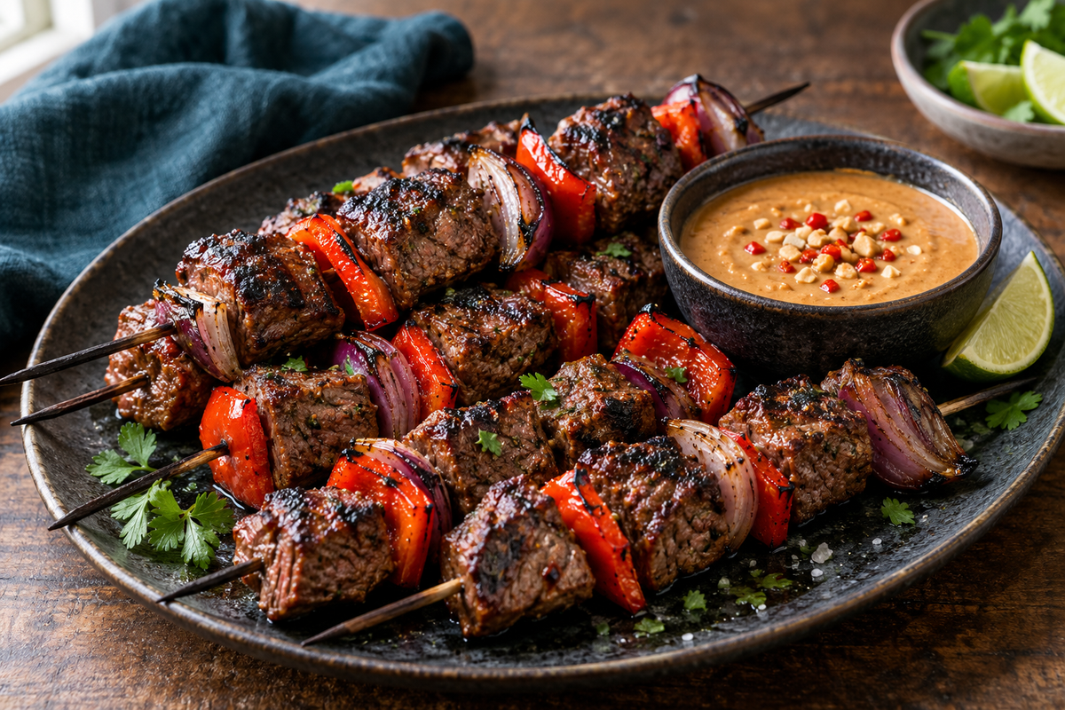 Cooked rump beef skewers with red capsicum and red onion served with satay sauce