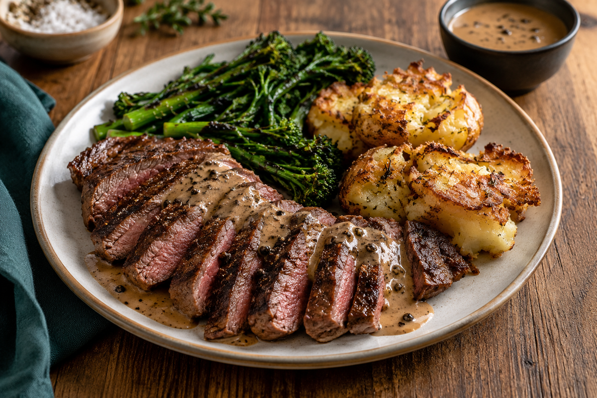 Sides for steak with porterhouse, smashed potatoes and broccolini