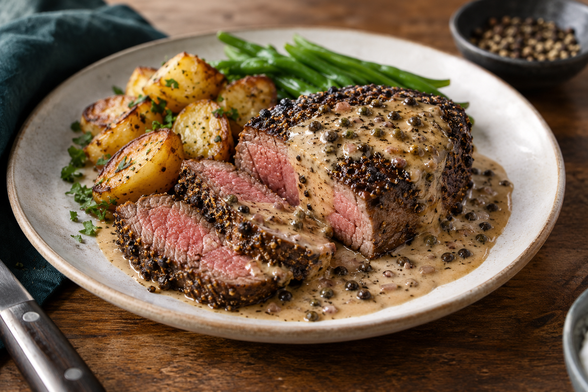 Pepper-crusted grass-fed eye fillet steak sliced and served with creamy pepper sauce