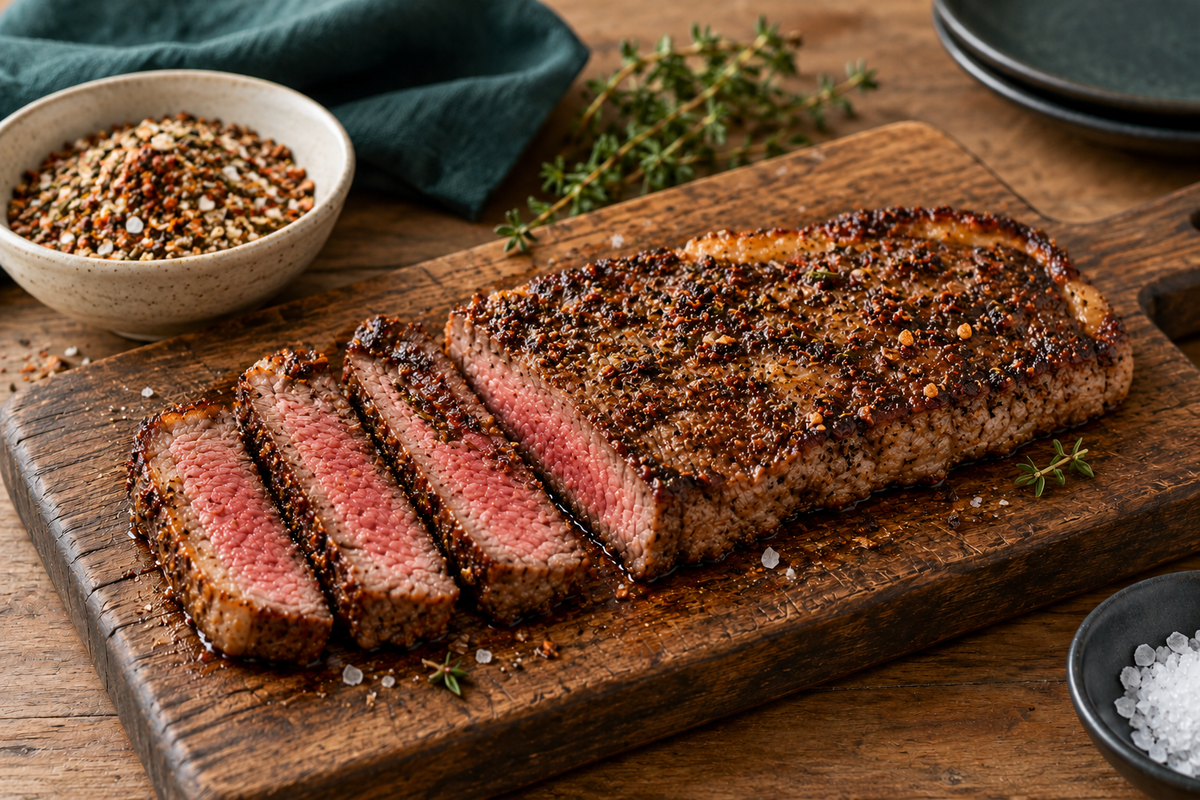 Sliced cooked porterhouse steak with a paprika, pepper and herb seasoning crust