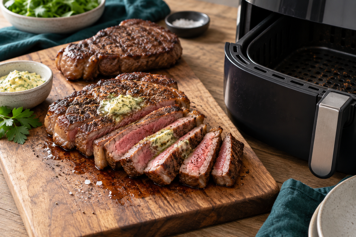 Sliced grass-fed porterhouse steak cooked in an air fryer, pink in the centre with garlic butter