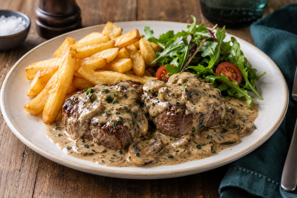 Steak Diane made with grass-fed eye fillet medallions under a creamy mushroom and Worcestershire sauce