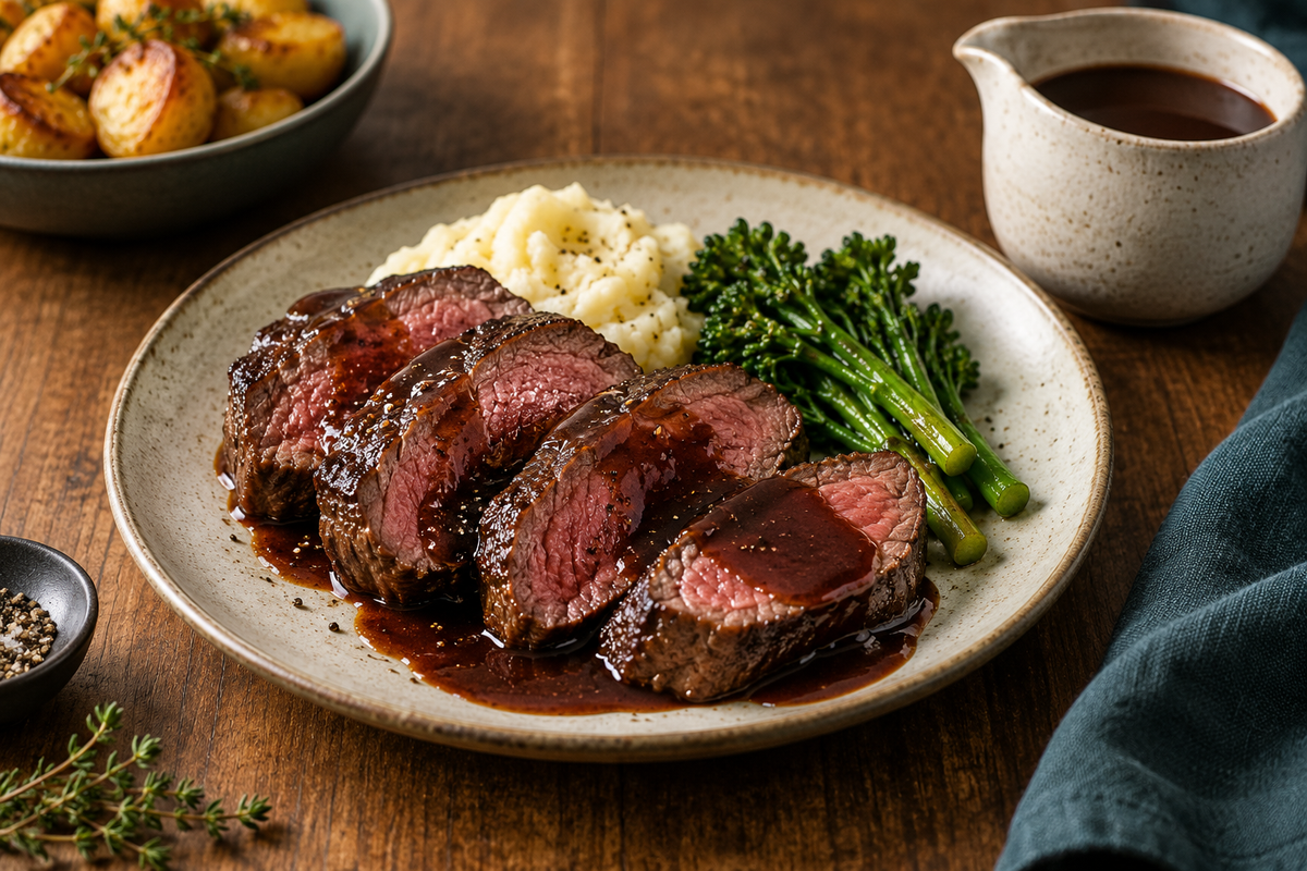 Sliced medium rare eye fillet with glossy red wine jus