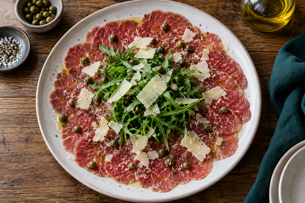 Beef carpaccio made with thinly sliced grass-fed eye fillet, rocket, parmesan and capers