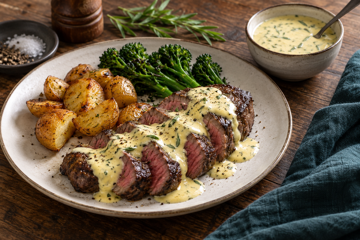 Béarnaise sauce with fresh tarragon spooned over sliced medium rare grass-fed eye fillet