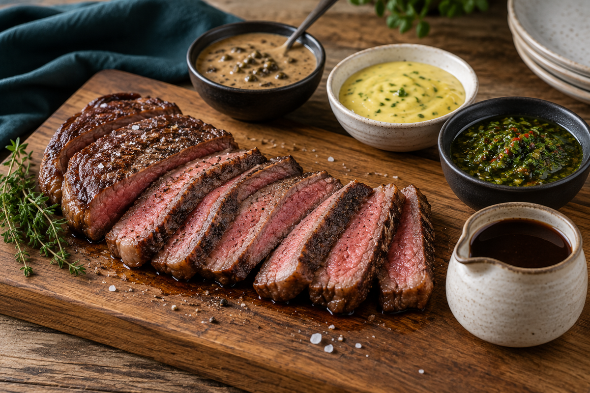 Steak sauce selection with pepper sauce, béarnaise, chimichurri and red wine jus