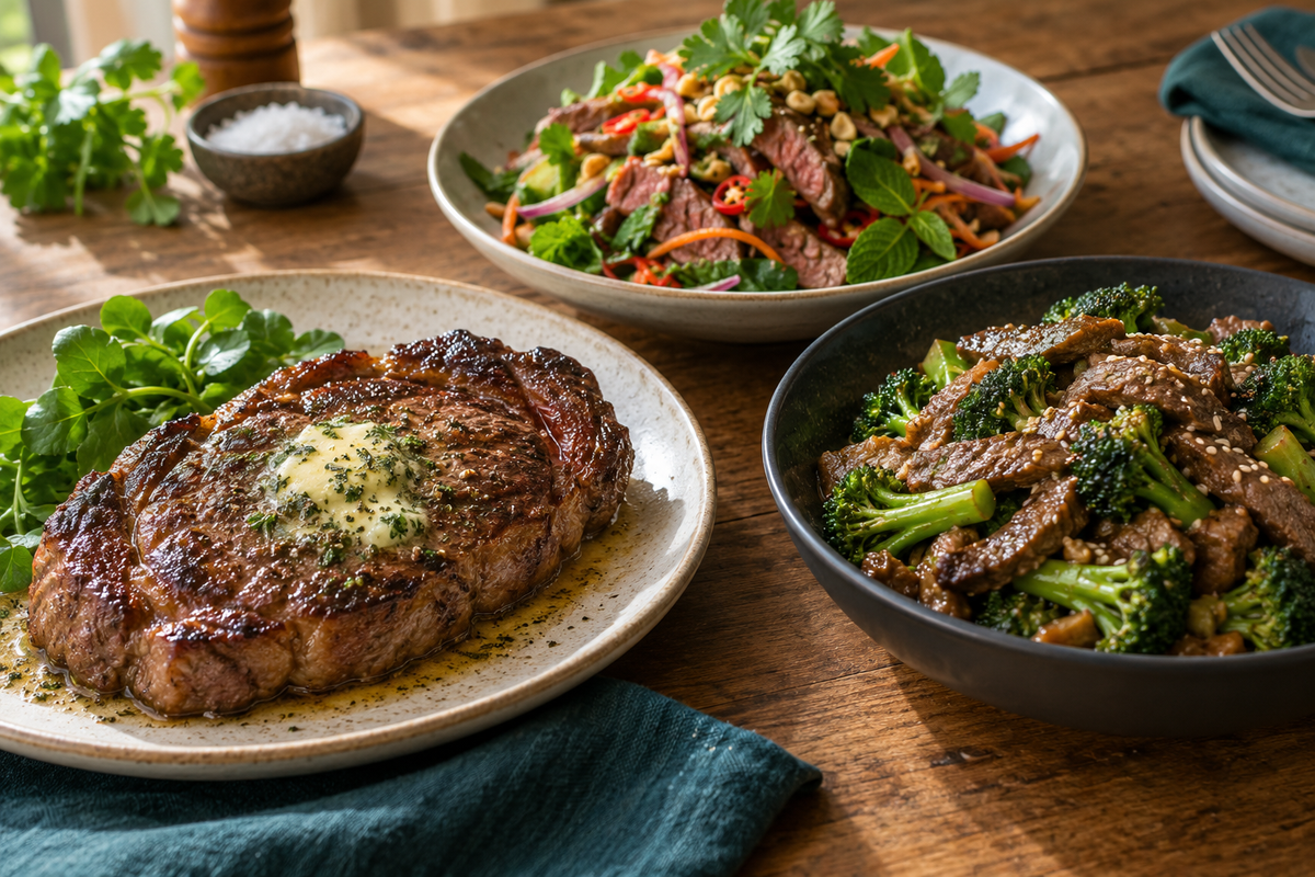Three easy steak dinner ideas: garlic butter steak, beef and broccoli stir fry and Thai beef salad