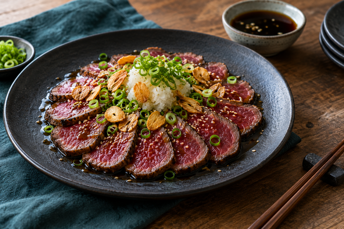 Beef tataki made with seared grass-fed eye fillet, sliced thin and dressed with ponzu and garlic chips