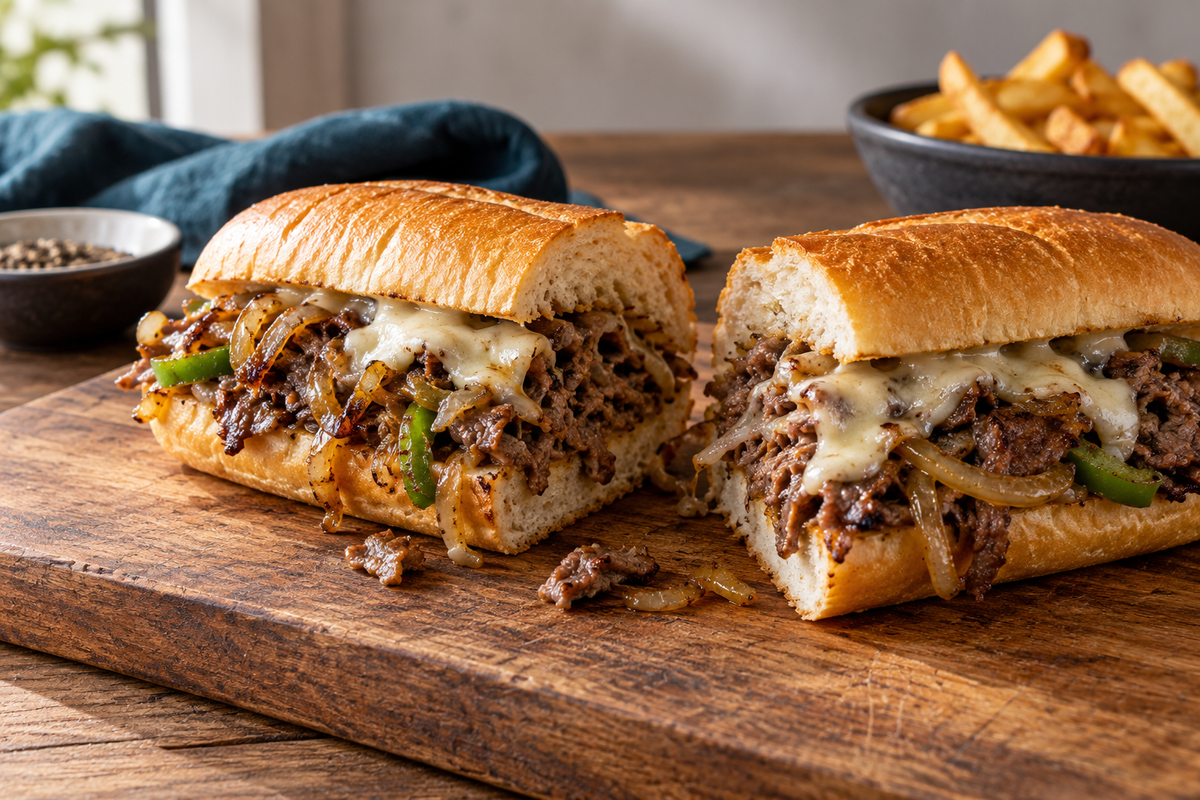 Philly cheesesteak made with shaved grass-fed scotch fillet, caramelised onions and melted cheese