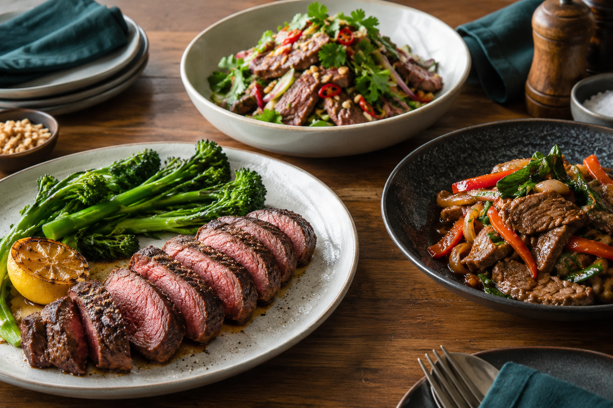 High protein dinner ideas made with lean beef: eye fillet, rump stir fry and Thai beef salad