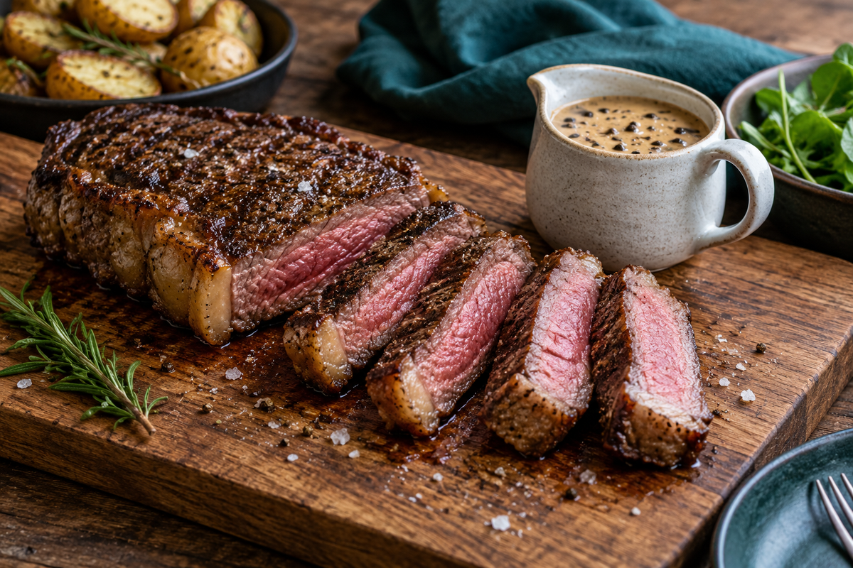 Sliced porterhouse steak with a crisp fat cap and pepper sauce on a timber board