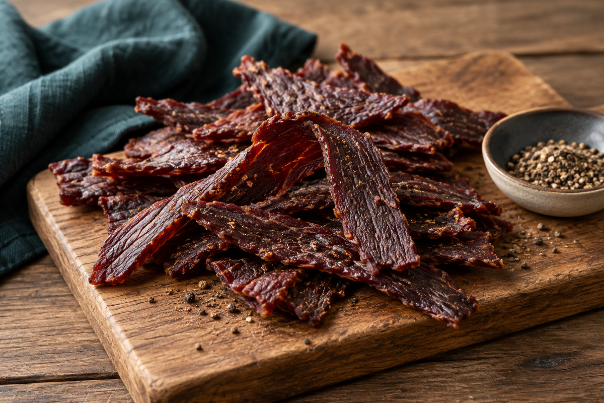 Homemade beef jerky made from lean grass-fed rump on a wooden board