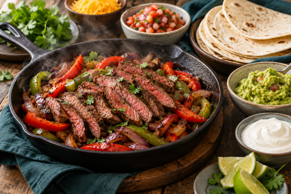 Sizzling steak fajitas with sliced grass-fed rump, charred capsicum and onion in a cast iron pan