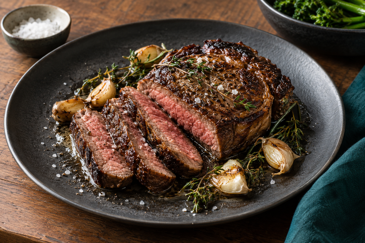 Finished sliced scotch fillet steak with garlic butter, cooked garlic and thyme