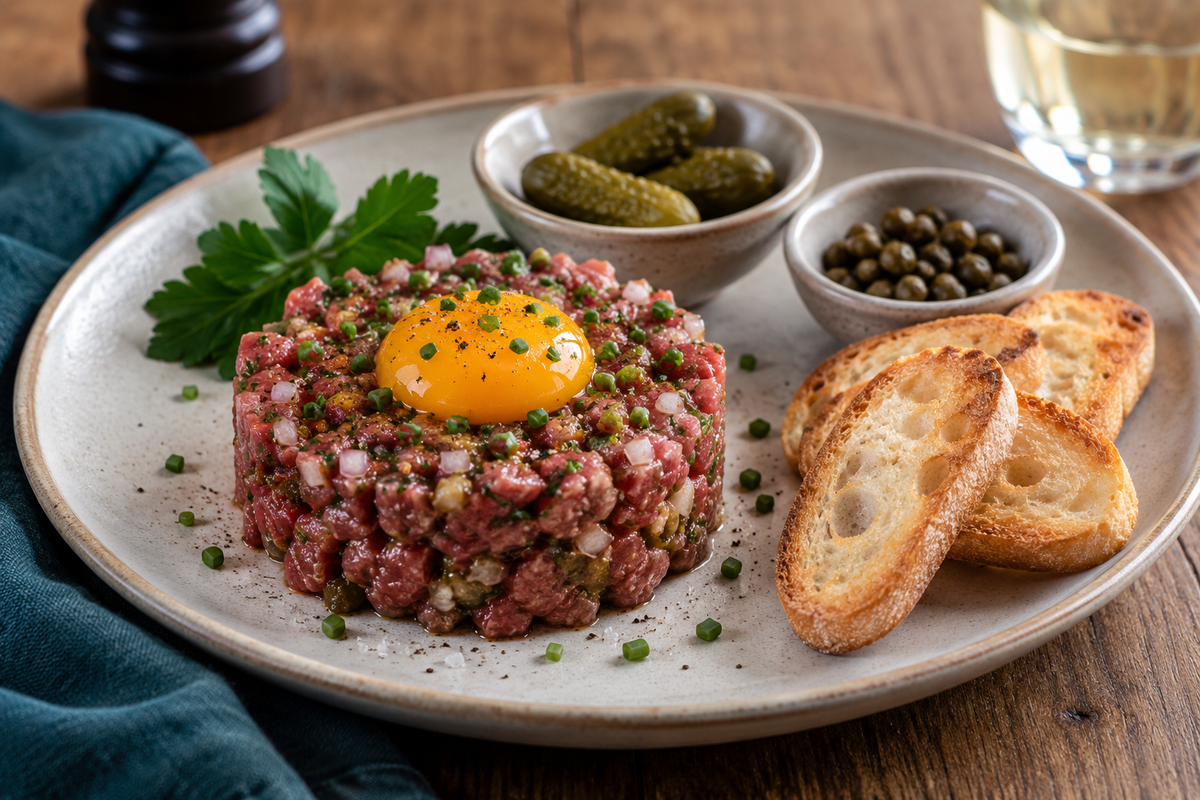 Steak tartare made with hand-diced grass-fed eye fillet, topped with an egg yolk and served with toasted baguette