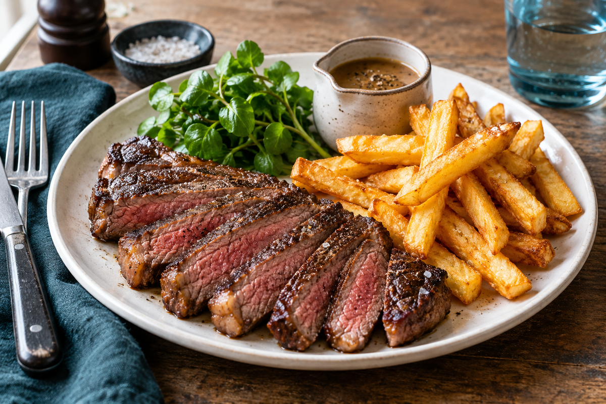 Steak frites with sliced grass-fed porterhouse, crisp double-cooked chips and pepper sauce