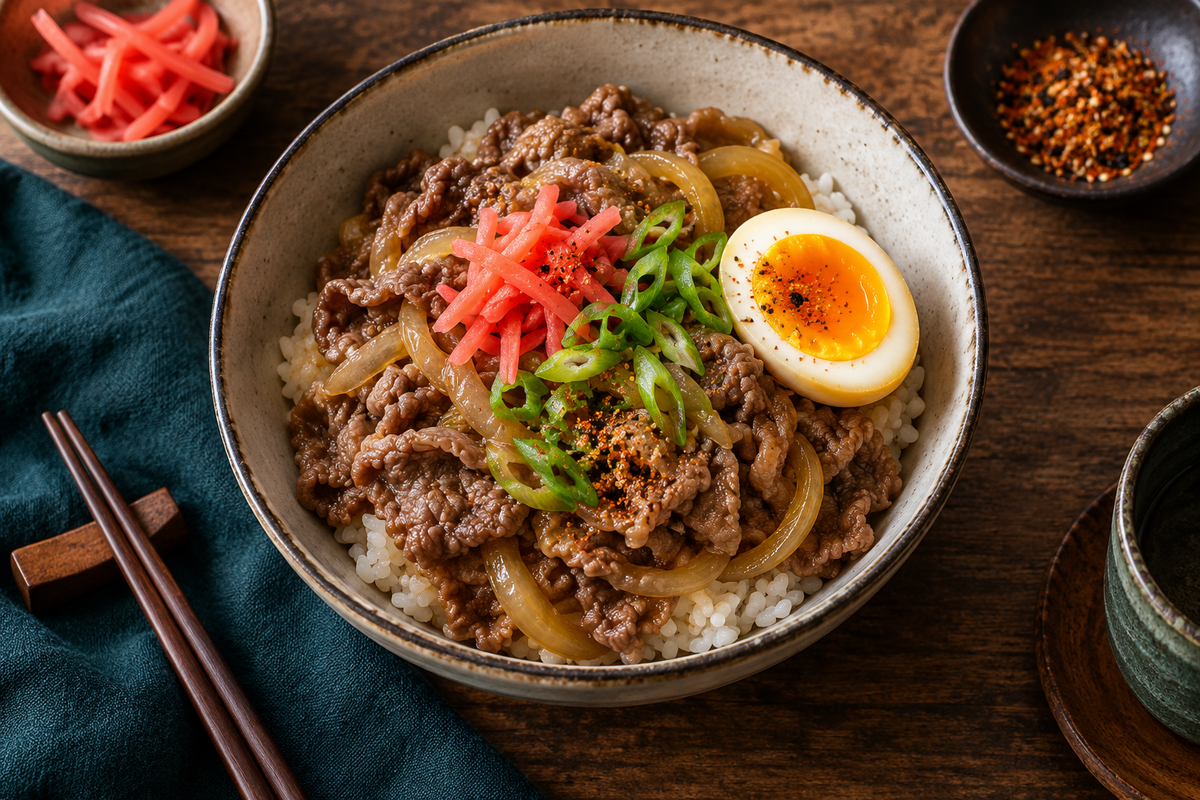 Gyudon Japanese beef rice bowl with shaved grass-fed scotch fillet, onion, soft egg and pickled ginger