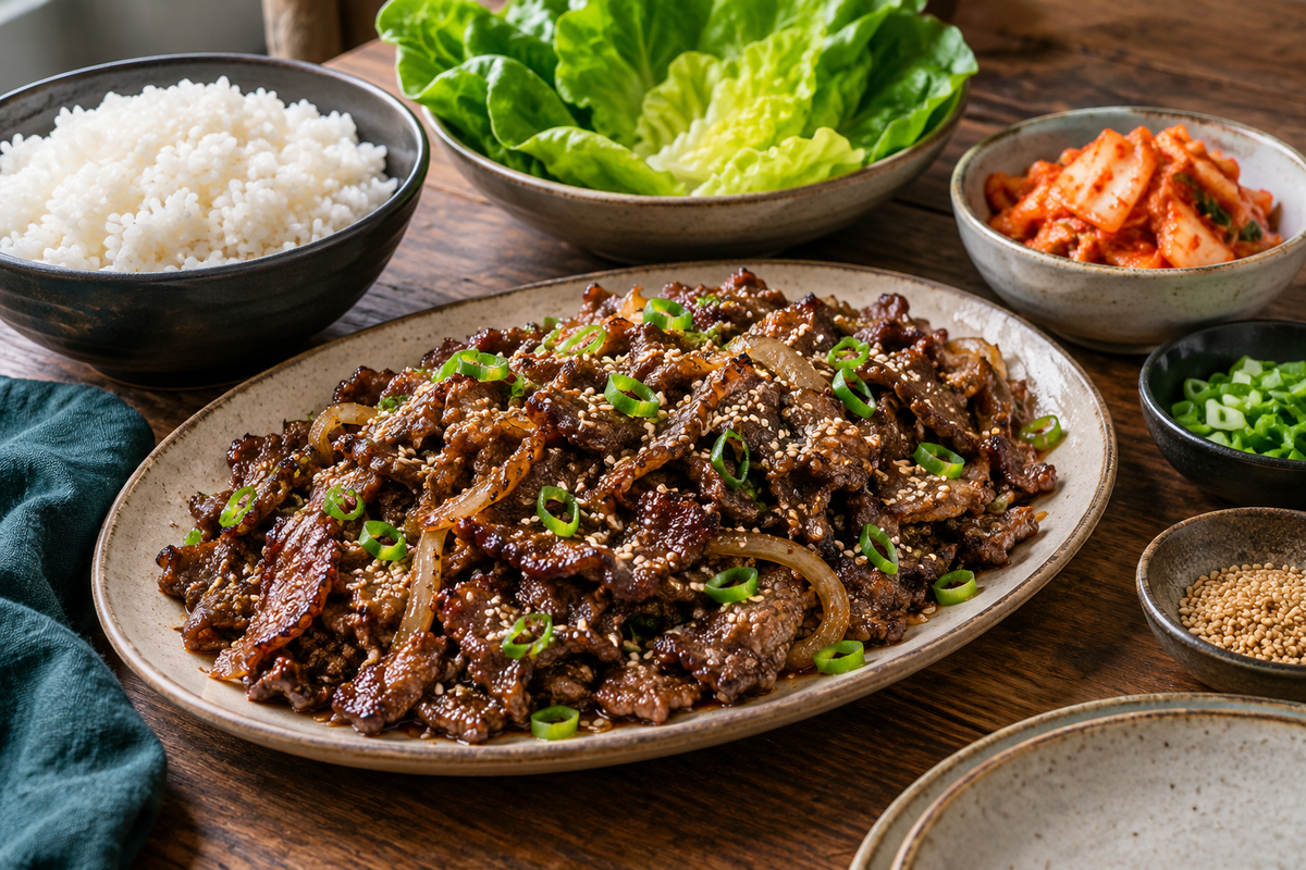 Korean beef bulgogi made with shaved grass-fed scotch fillet, served with rice, lettuce cups and kimchi