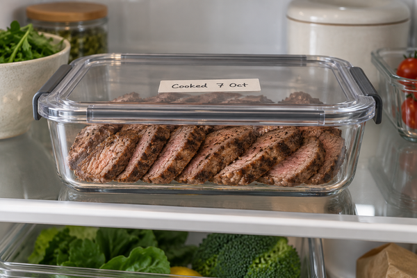 Leftover cooked steak stored in a labelled shallow airtight container in the fridge