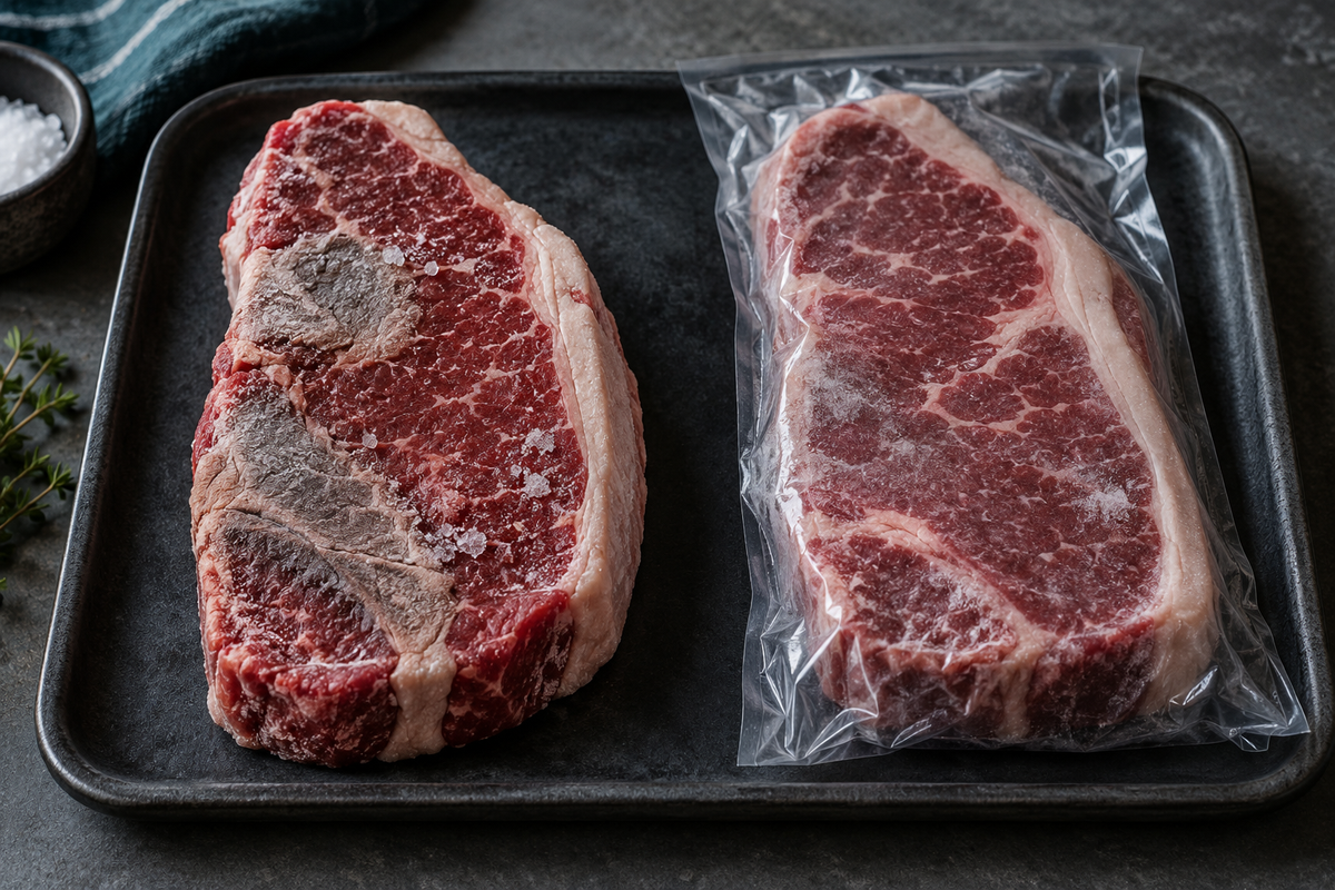 Frozen steak with dry freezer burn patches beside an intact vacuum sealed steak