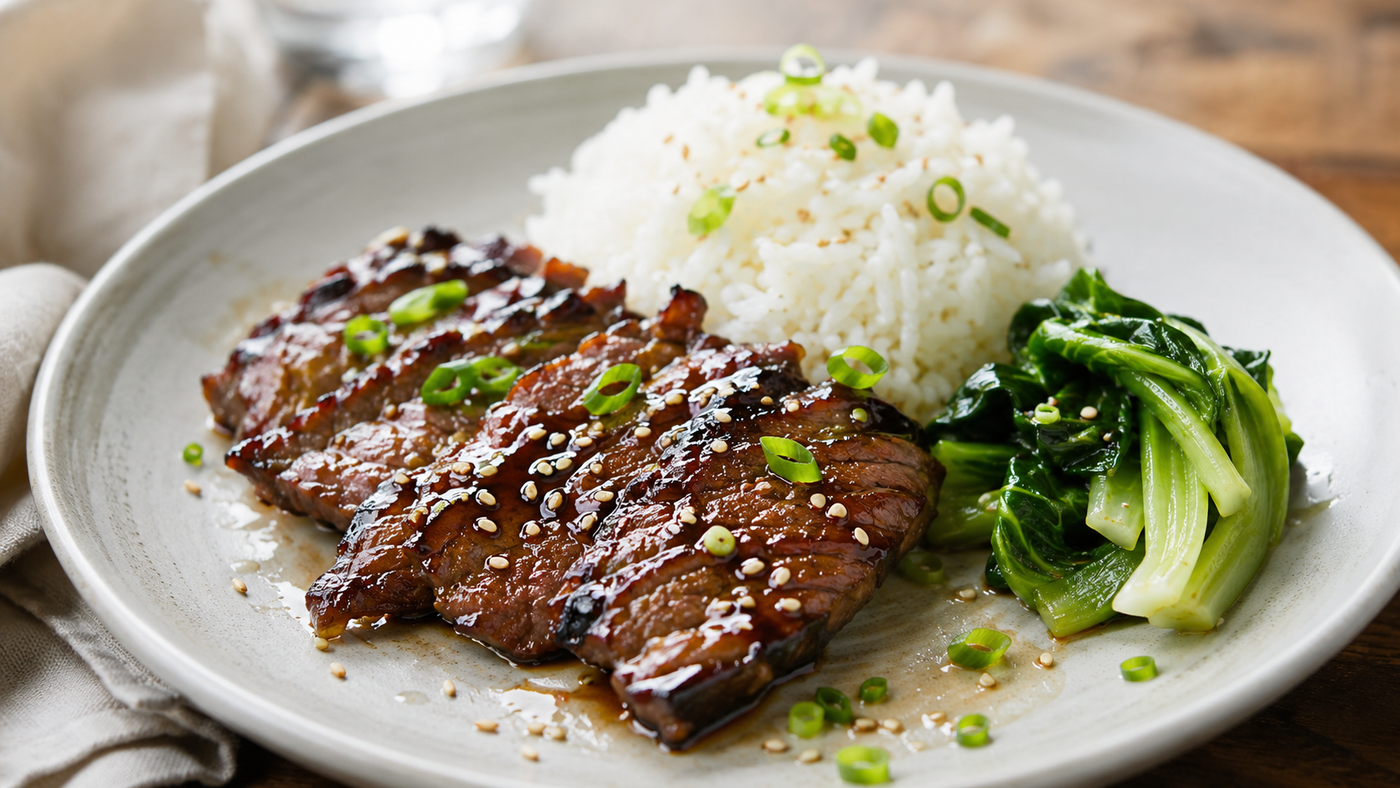 Asian oyster blade roast glazed with ginger, honey and soy, sliced and glossy on a wooden board