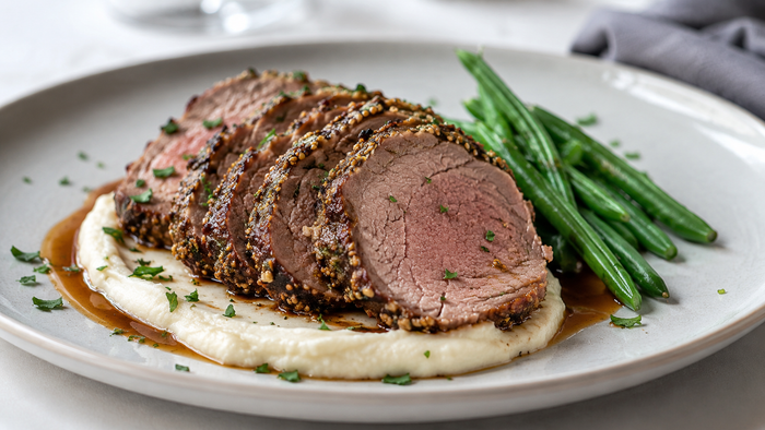 Sliced herb crusted roast beef served over low carb cauliflower mash