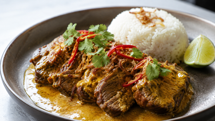 Sliced Malaysian beef bolar blade roast in spiced coconut sauce with rice and lime