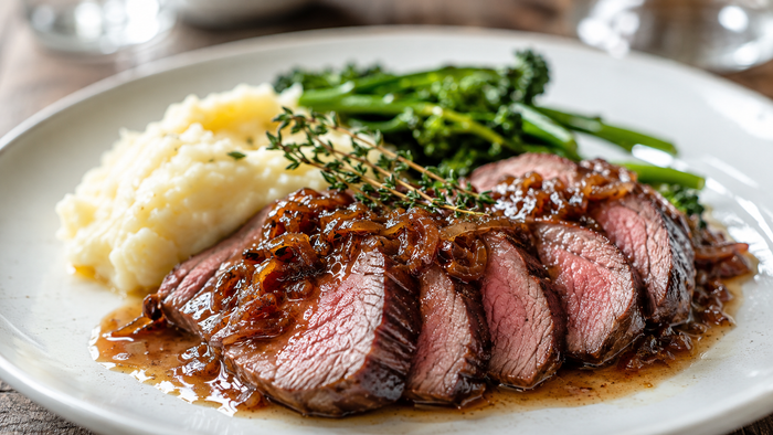 Sliced medium rare roast beef rump with red onion and thyme gravy