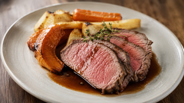 Sliced roast beef rump with roasted winter vegetables and red wine jus