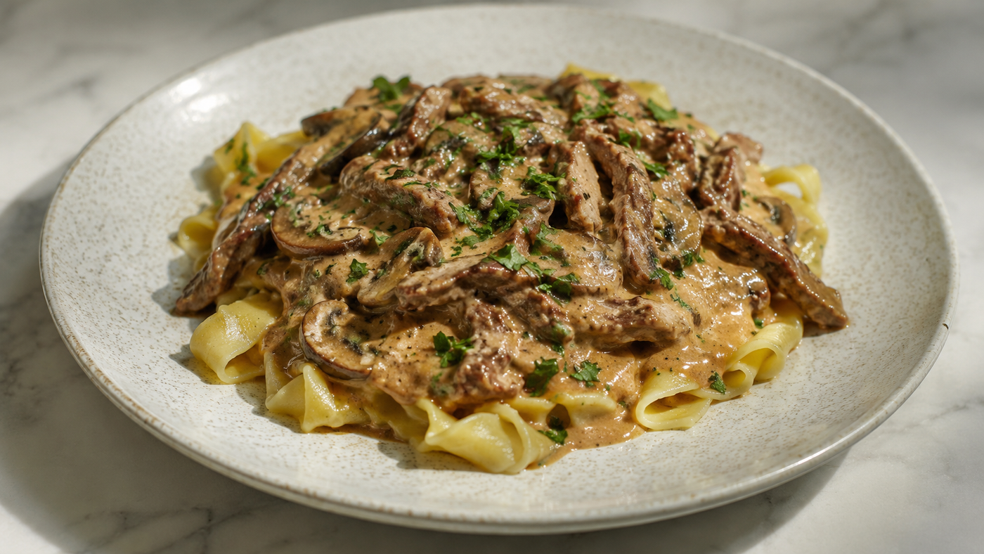 Creamy roast beef stroganoff with mushrooms served over pasta in a white bowl