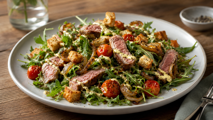 Steak sandwich salad with sliced grass fed steak, caramelised onion, croutons and mustard mayo dressing