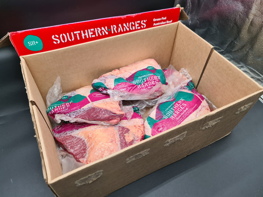 Raw grass-fed and finished Angus rump cap (picanha) from Southern Ranges with thick fat cap