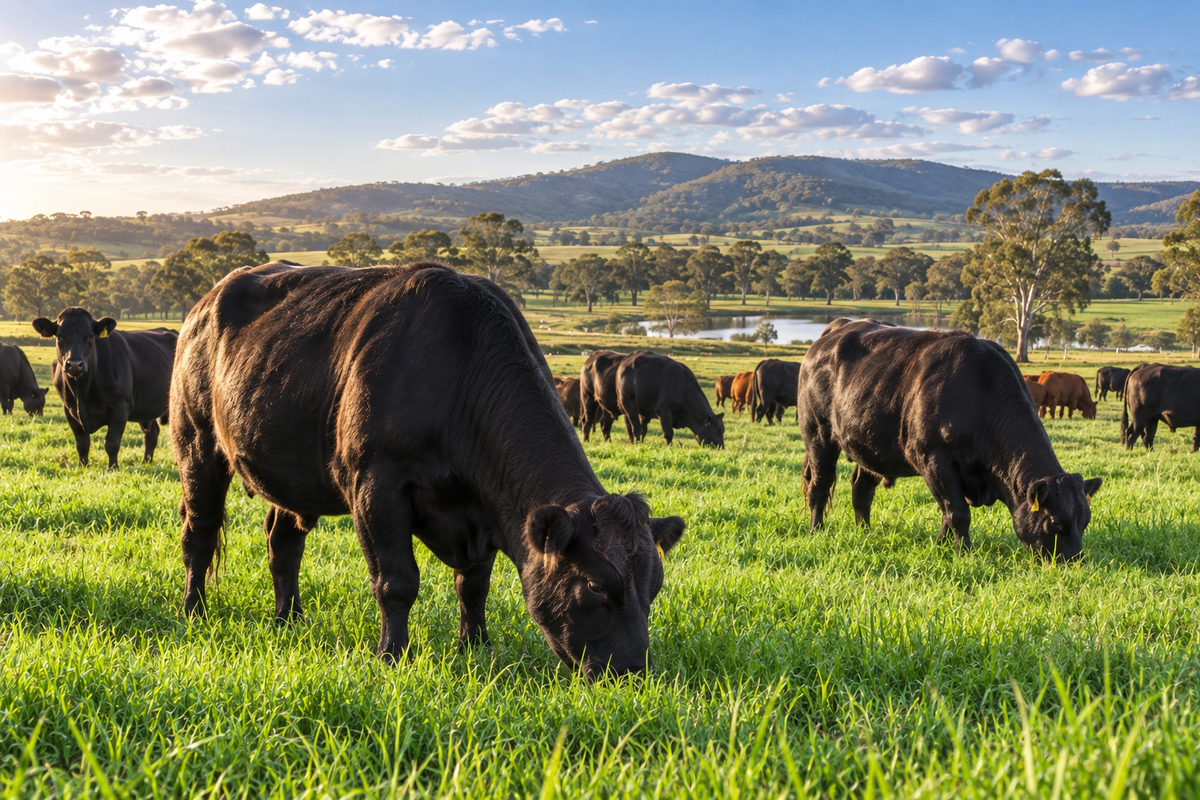 Grass fed beef cattle grazing open pasture in Australia