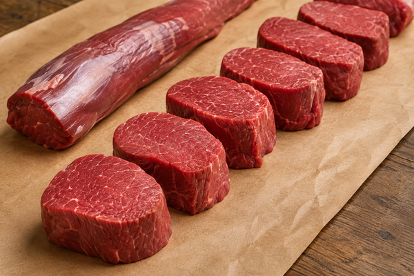 Thick eye fillet steaks portioned from a whole beef tenderloin on butcher paper